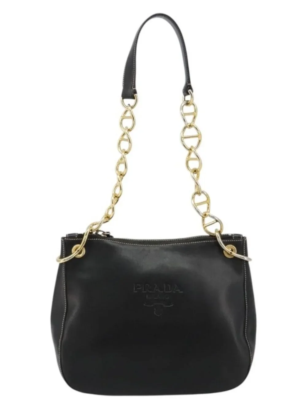 PRADA Chain Shoulder Bag Leather Black Gold Auth
